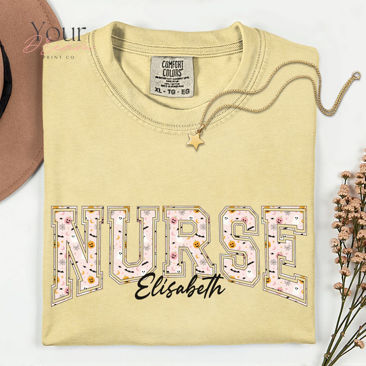 Custom Nurse Halloween T-Shirt – Varsity Lettering with Ghosts & Pumpkins Print