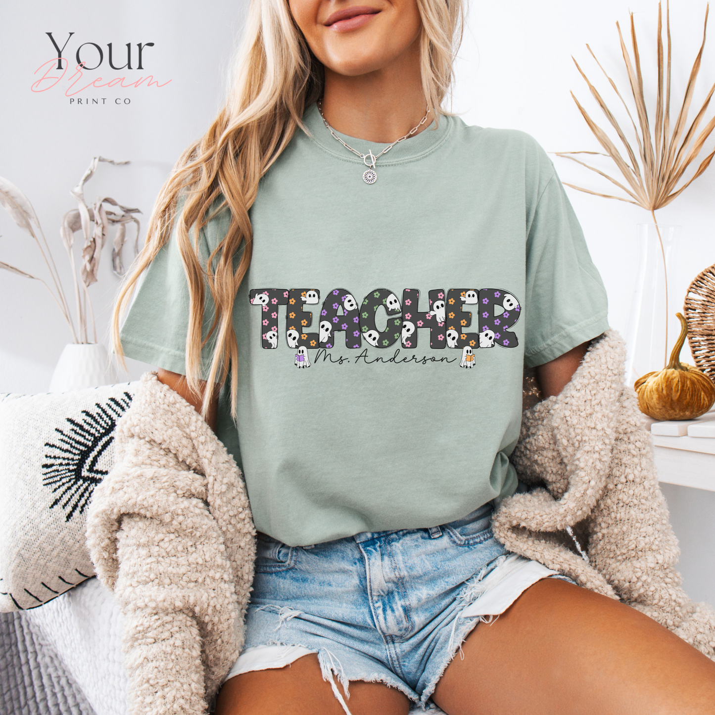 Personalized Teacher Halloween Ghost Shirt – Custom Name Spooky Teacher Gift