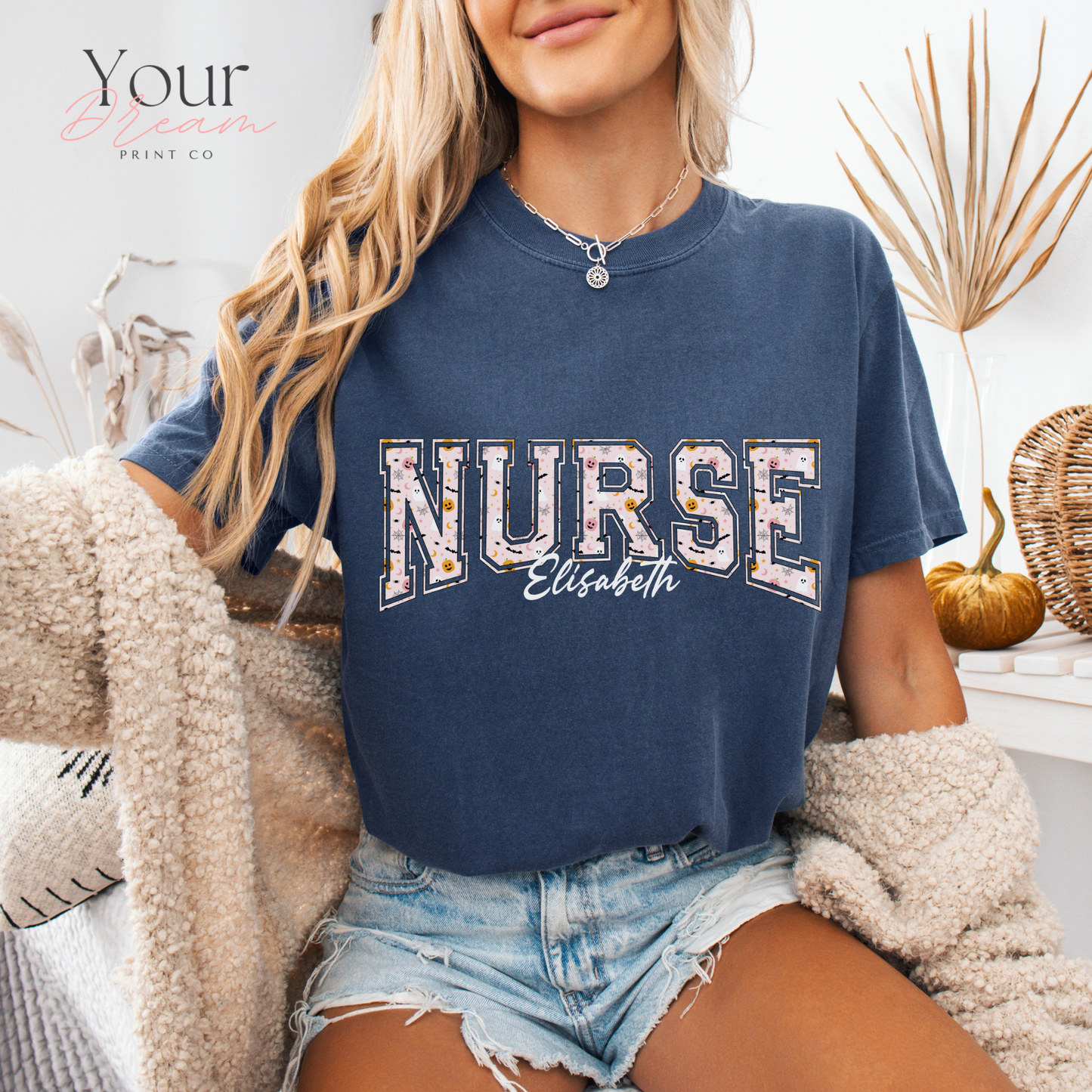 Custom Nurse Halloween T-Shirt – Varsity Lettering with Ghosts & Pumpkins Print
