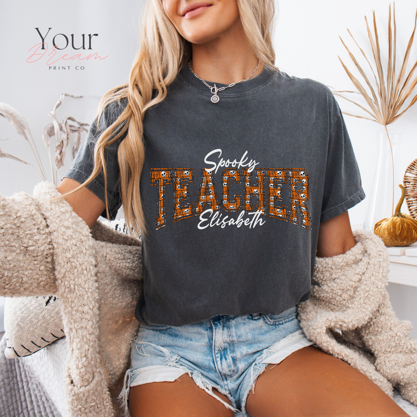 Custom Spooky Teacher T-Shirt | Varsity Letter Halloween Shirt