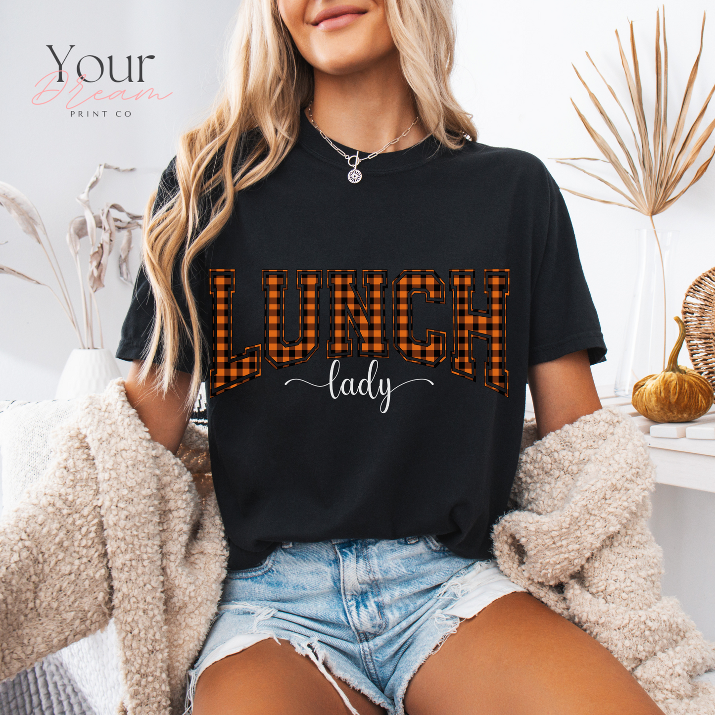 Lunch Lady Halloween T-Shirt – Varsity Checkered Letters in Spooky Colors