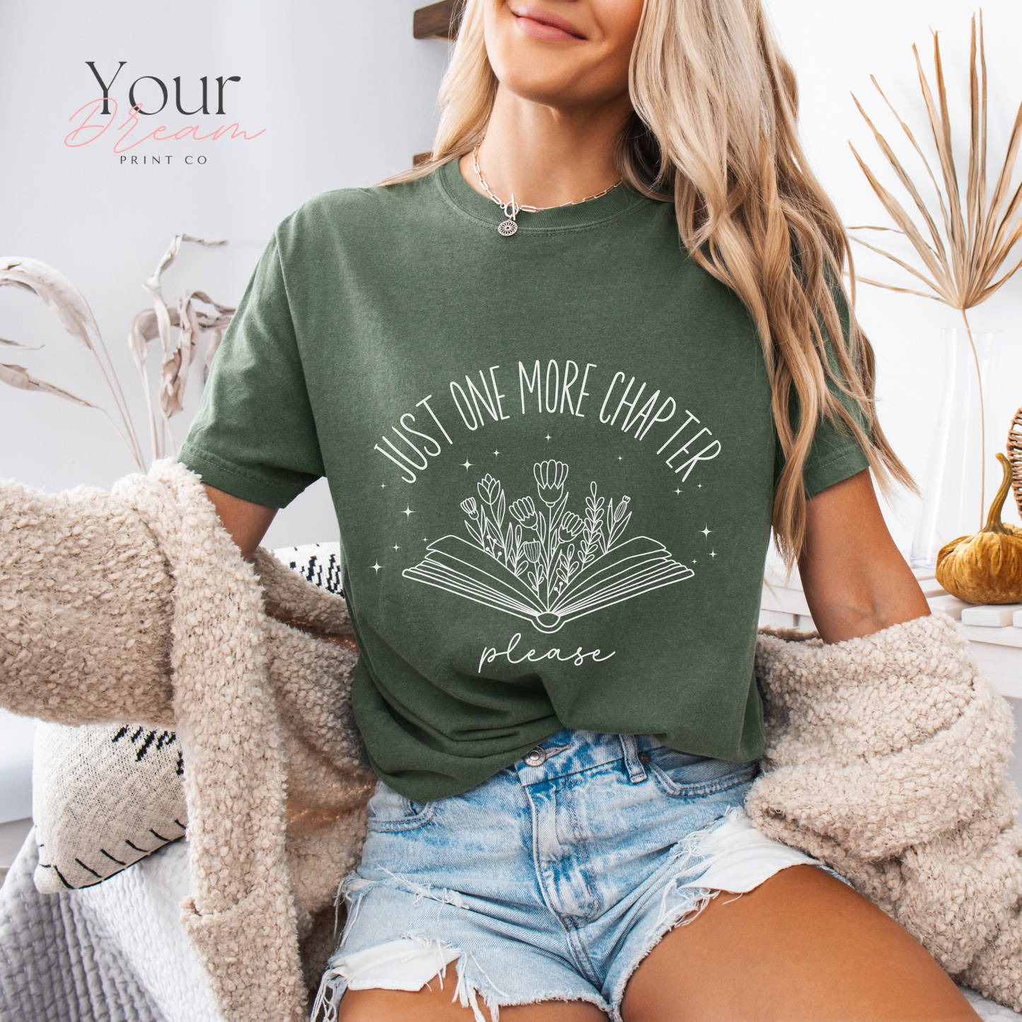 Book Lovers T-Shirt – Just One More Chapter Please with Minimalist Floral Book Design