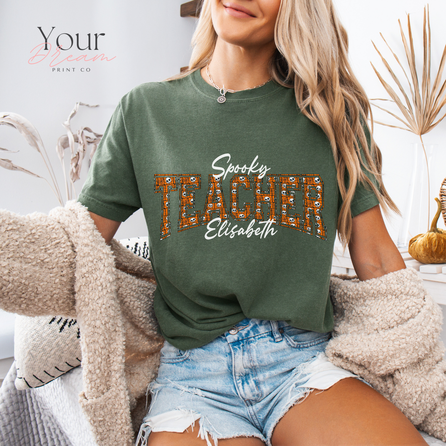 Custom Spooky Teacher T-Shirt | Varsity Letter Halloween Shirt