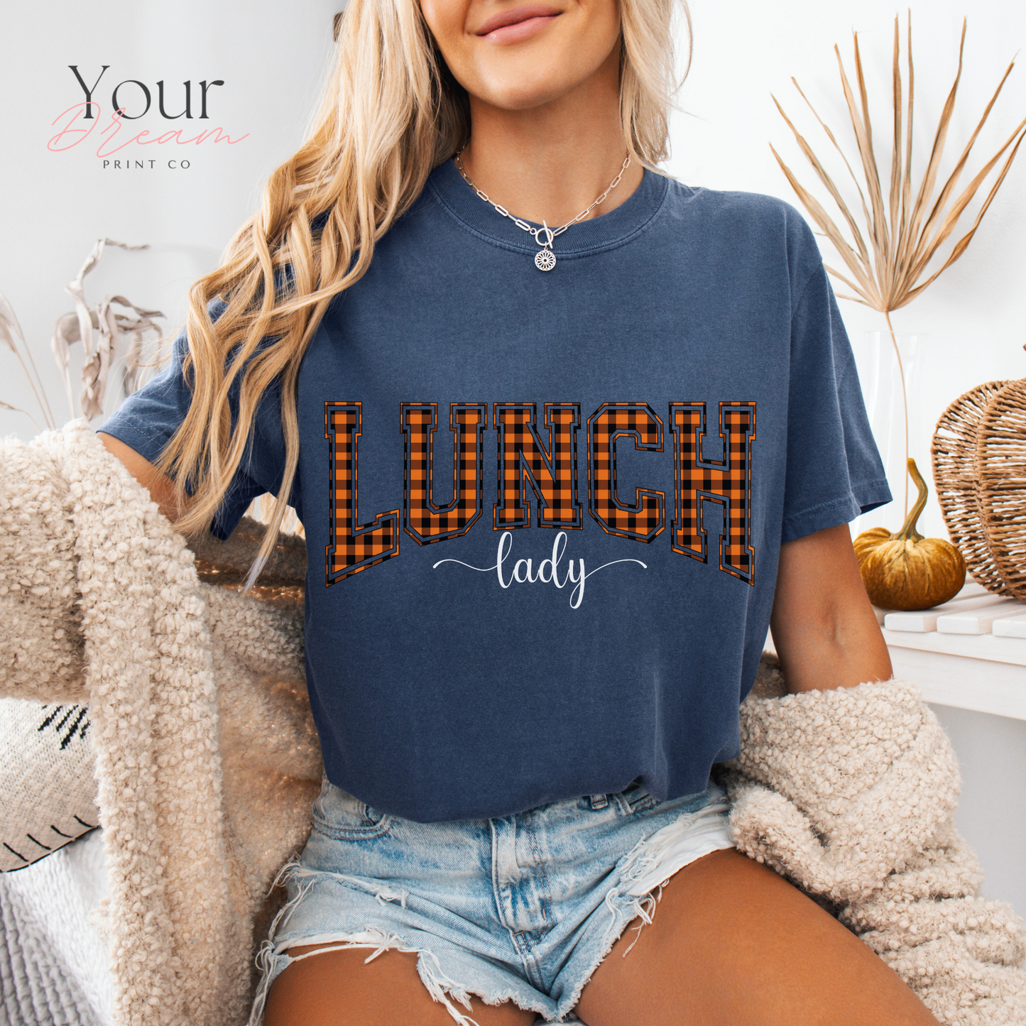 Lunch Lady Halloween T-Shirt – Varsity Checkered Letters in Spooky Colors