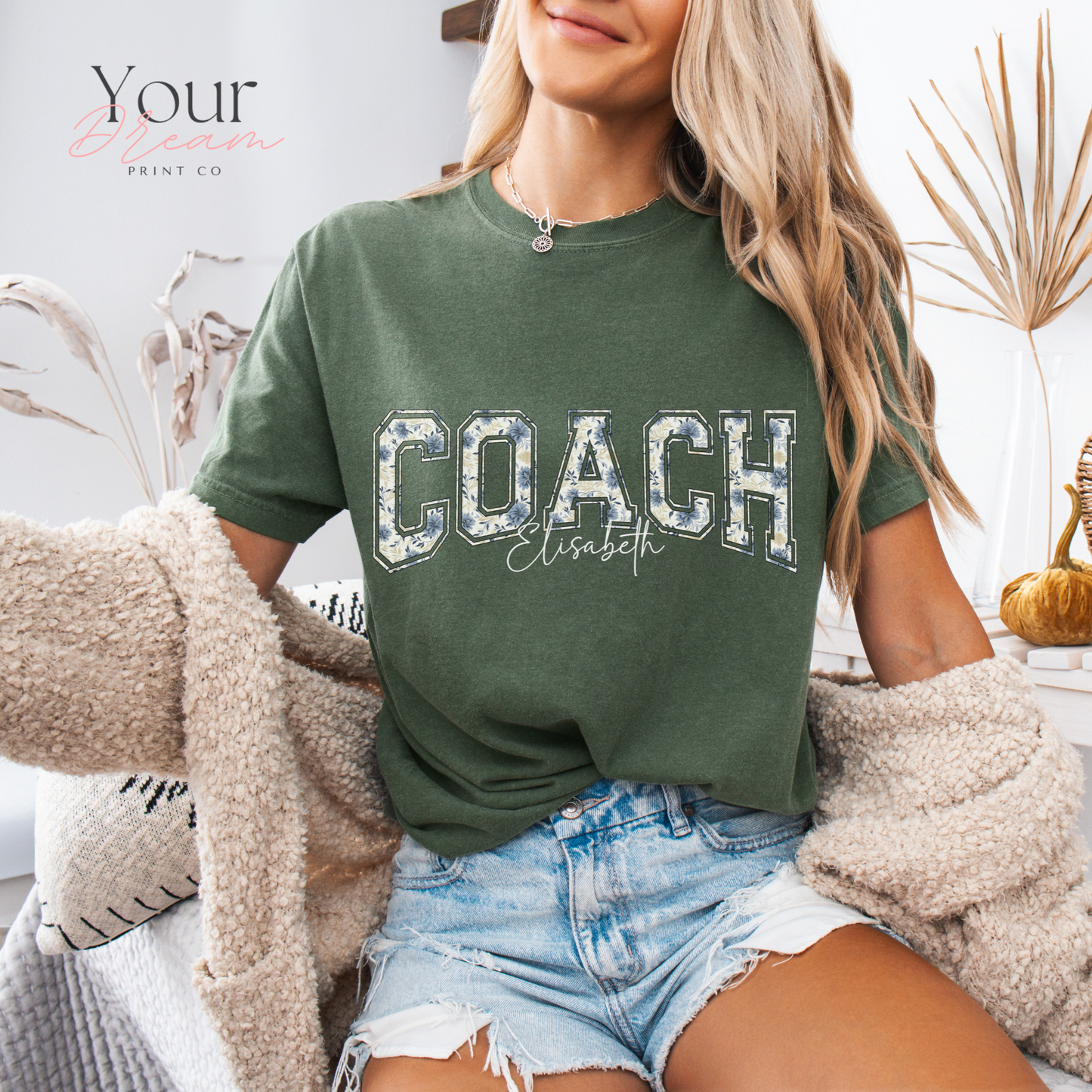 Custom Winter Coach Motivational T-Shirt – Minimalist Blue Floral Design with Name