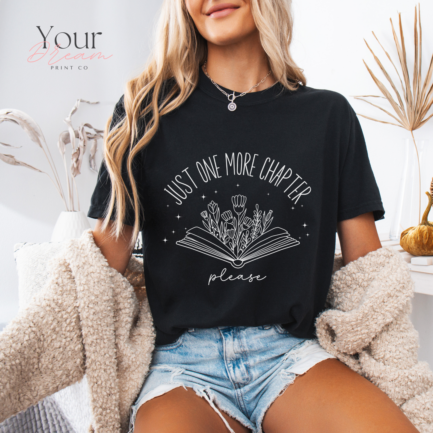 Book Lovers T-Shirt – Just One More Chapter Please with Minimalist Floral Book Design