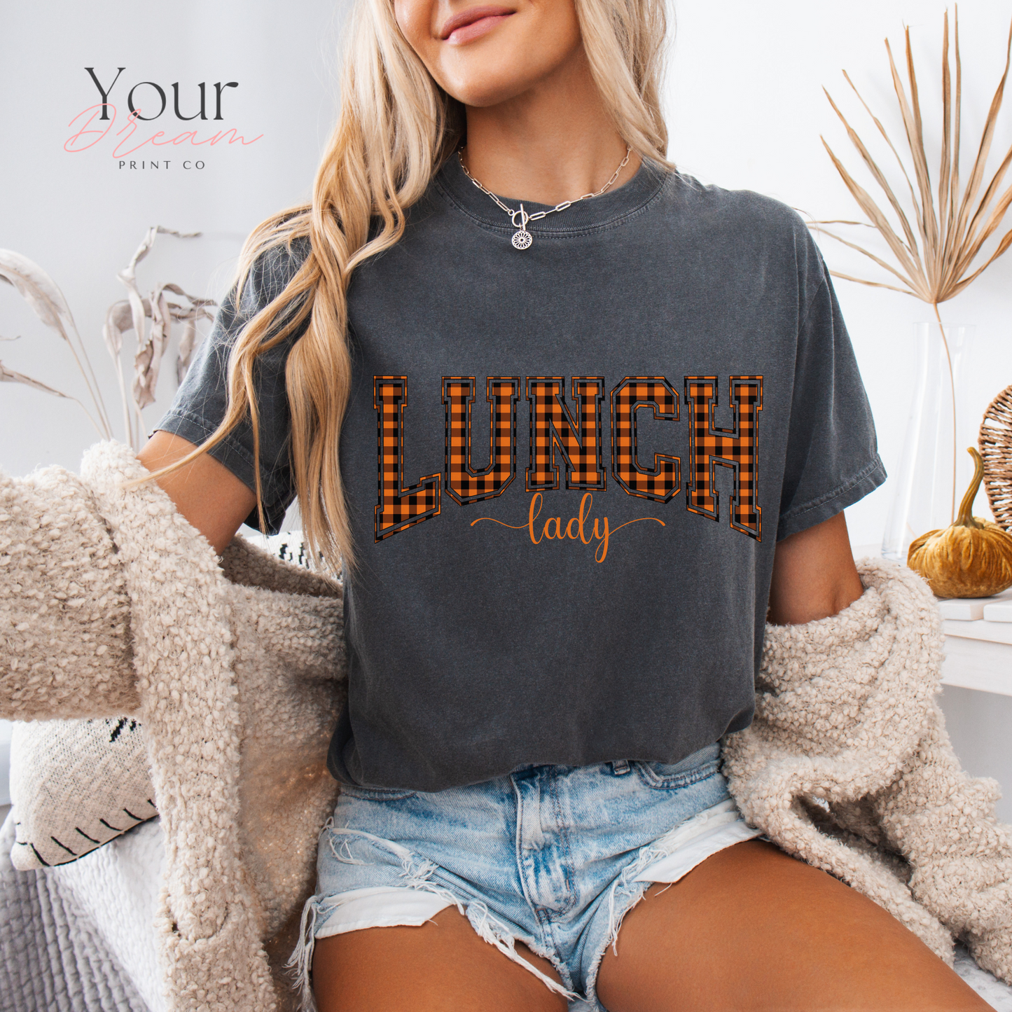 Lunch Lady Halloween T-Shirt – Varsity Checkered Letters in Spooky Colors