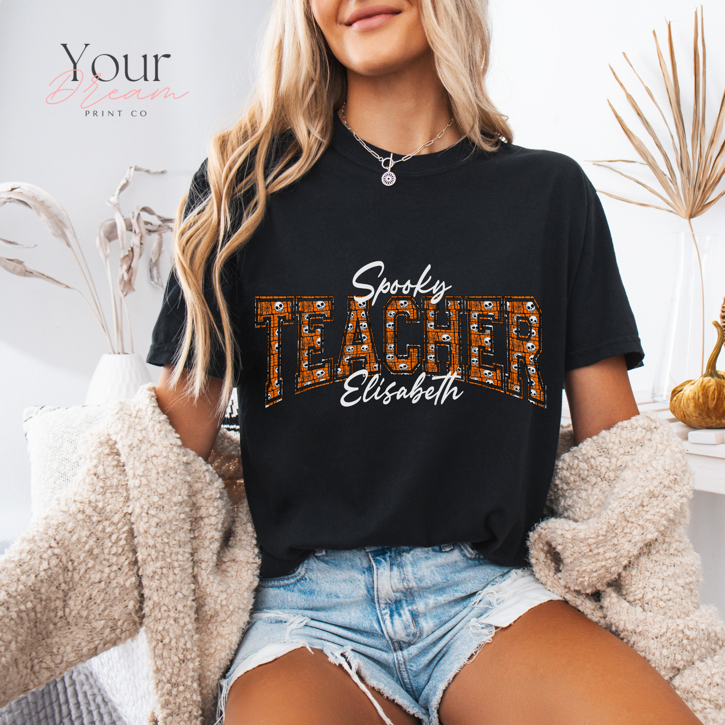 Custom Spooky Teacher T-Shirt | Varsity Letter Halloween Shirt