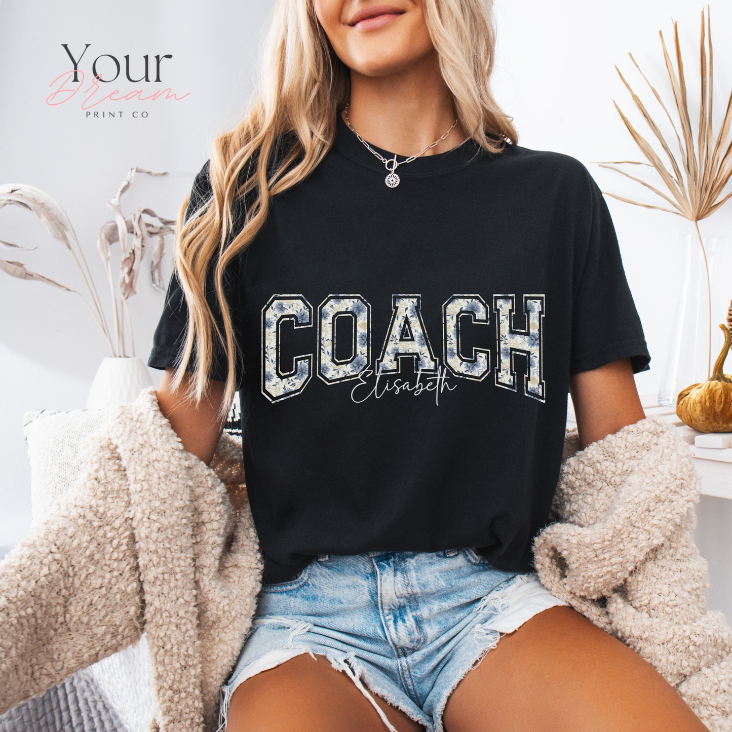 Custom Winter Coach Motivational T-Shirt – Minimalist Blue Floral Design with Name