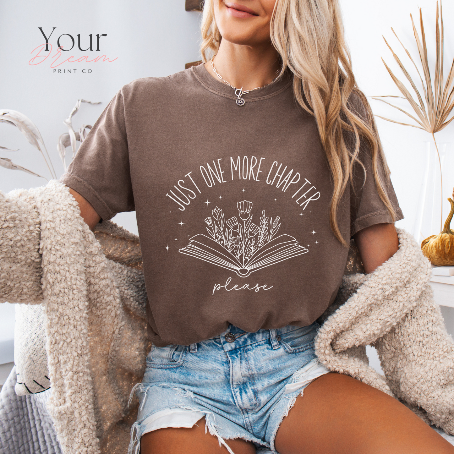 Book Lovers T-Shirt – Just One More Chapter Please with Minimalist Floral Book Design
