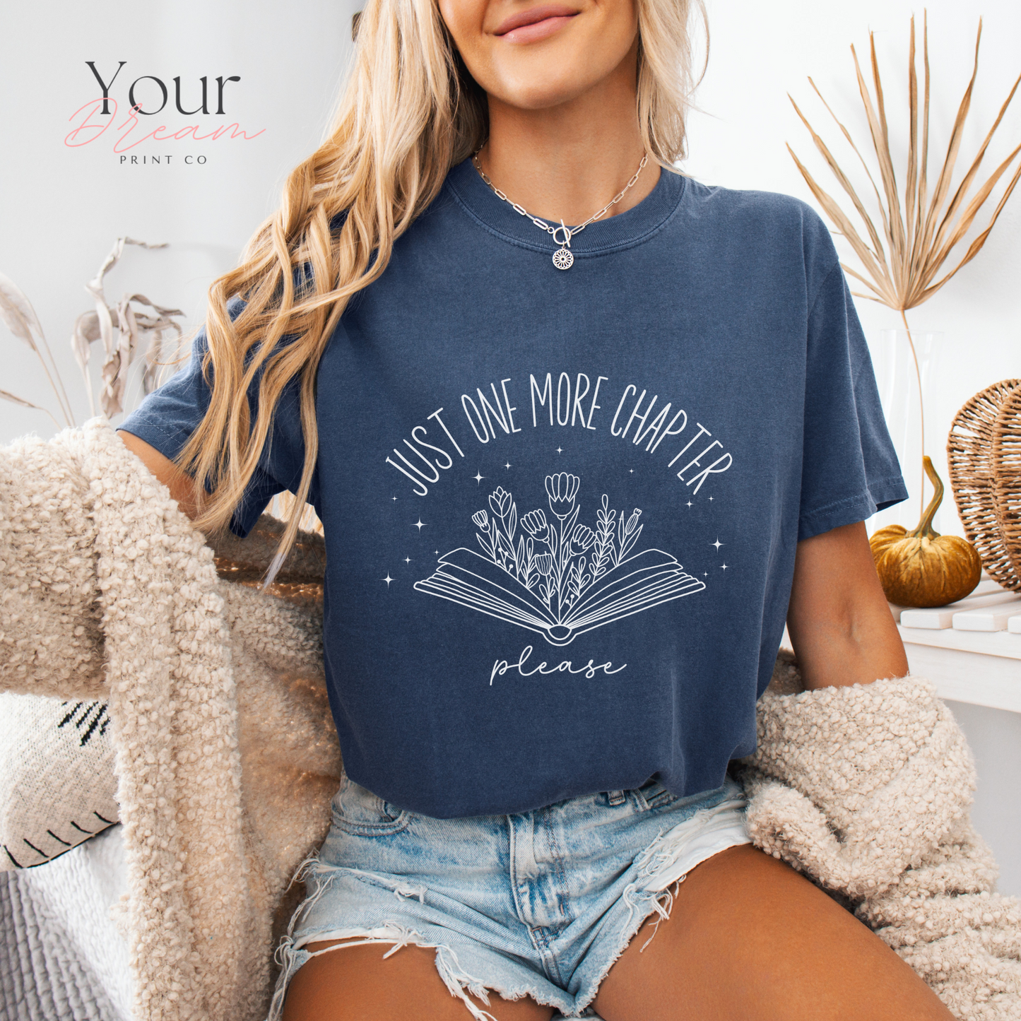 Book Lovers T-Shirt – Just One More Chapter Please with Minimalist Floral Book Design