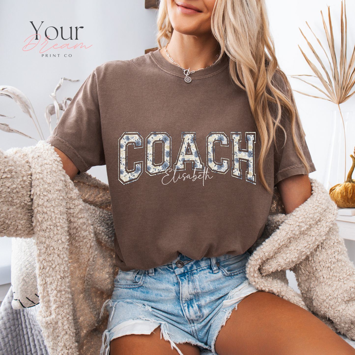 Custom Winter Coach Motivational T-Shirt – Minimalist Blue Floral Design with Name