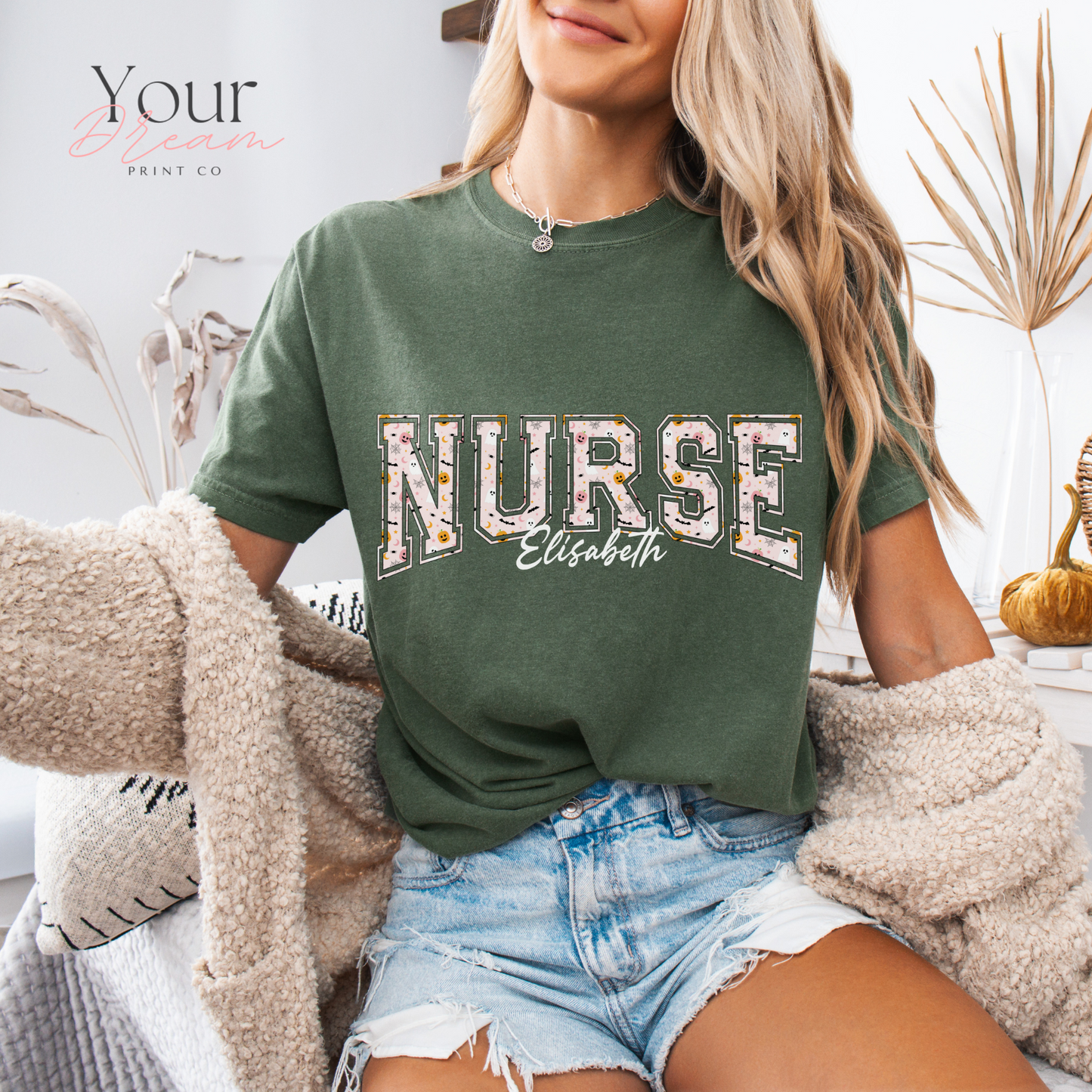 Custom Nurse Halloween T-Shirt – Varsity Lettering with Ghosts & Pumpkins Print