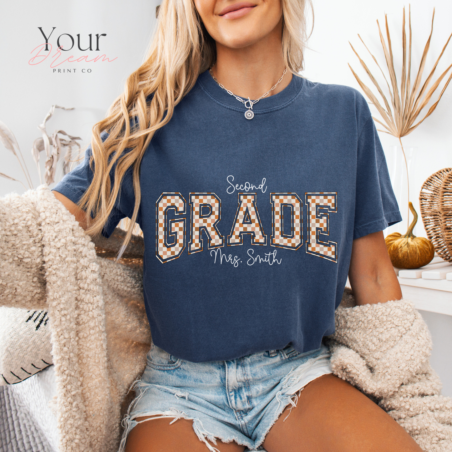 Custom Checkered Varsity Letter Tee – Second Grade Team Shirt