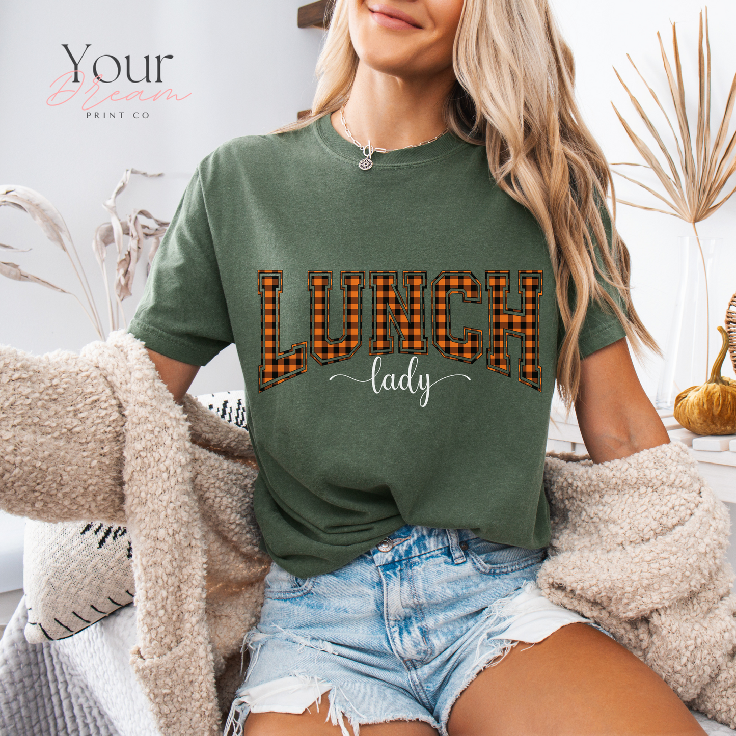 Lunch Lady Halloween T-Shirt – Varsity Checkered Letters in Spooky Colors