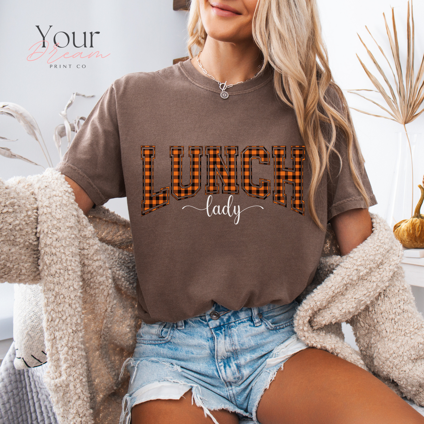 Lunch Lady Halloween T-Shirt – Varsity Checkered Letters in Spooky Colors