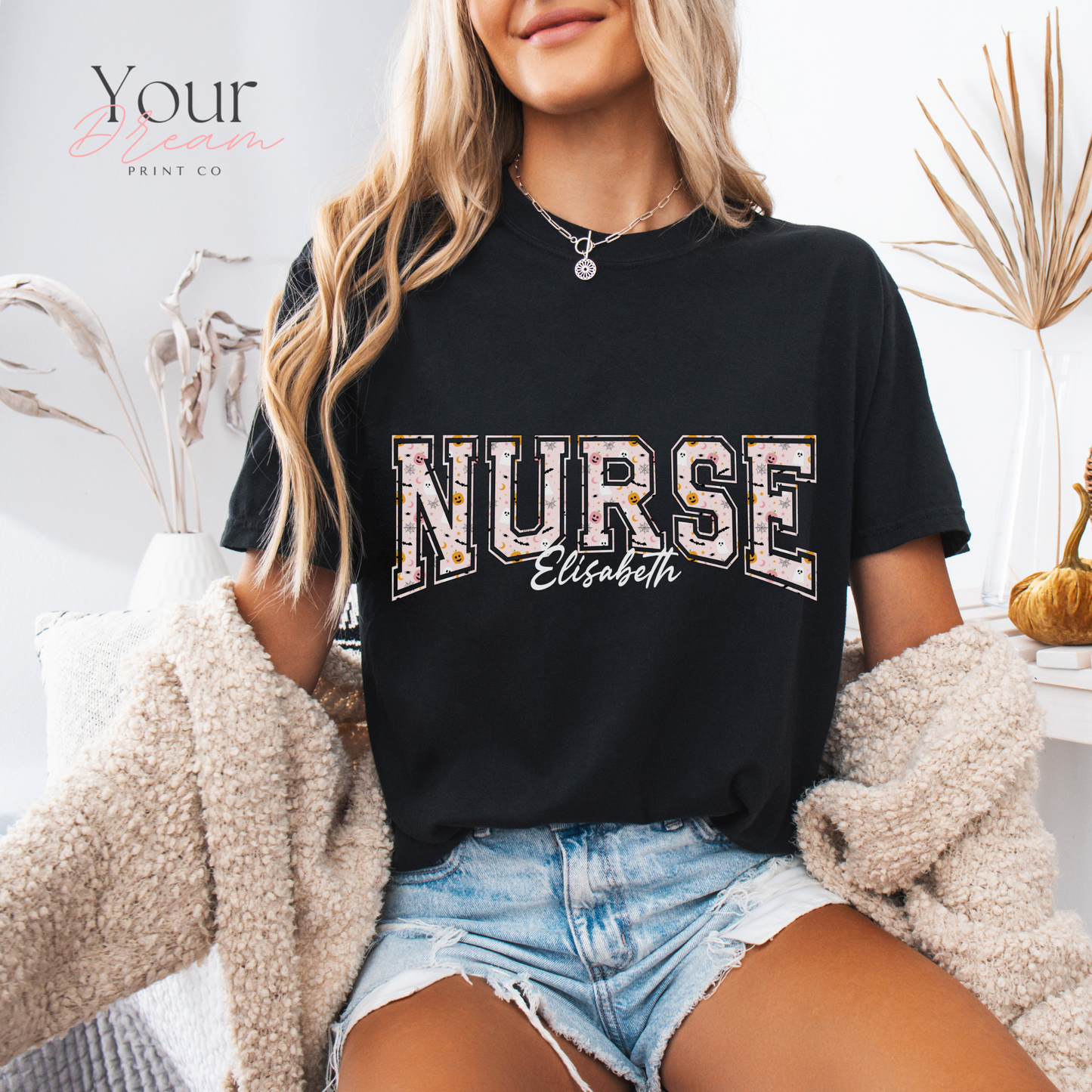 Custom Nurse Halloween T-Shirt – Varsity Lettering with Ghosts & Pumpkins Print
