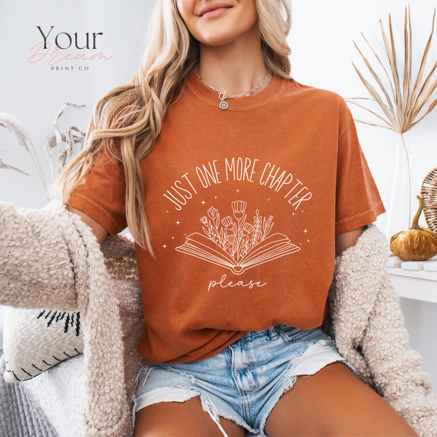 Book Lovers T-Shirt – Just One More Chapter Please with Minimalist Floral Book Design