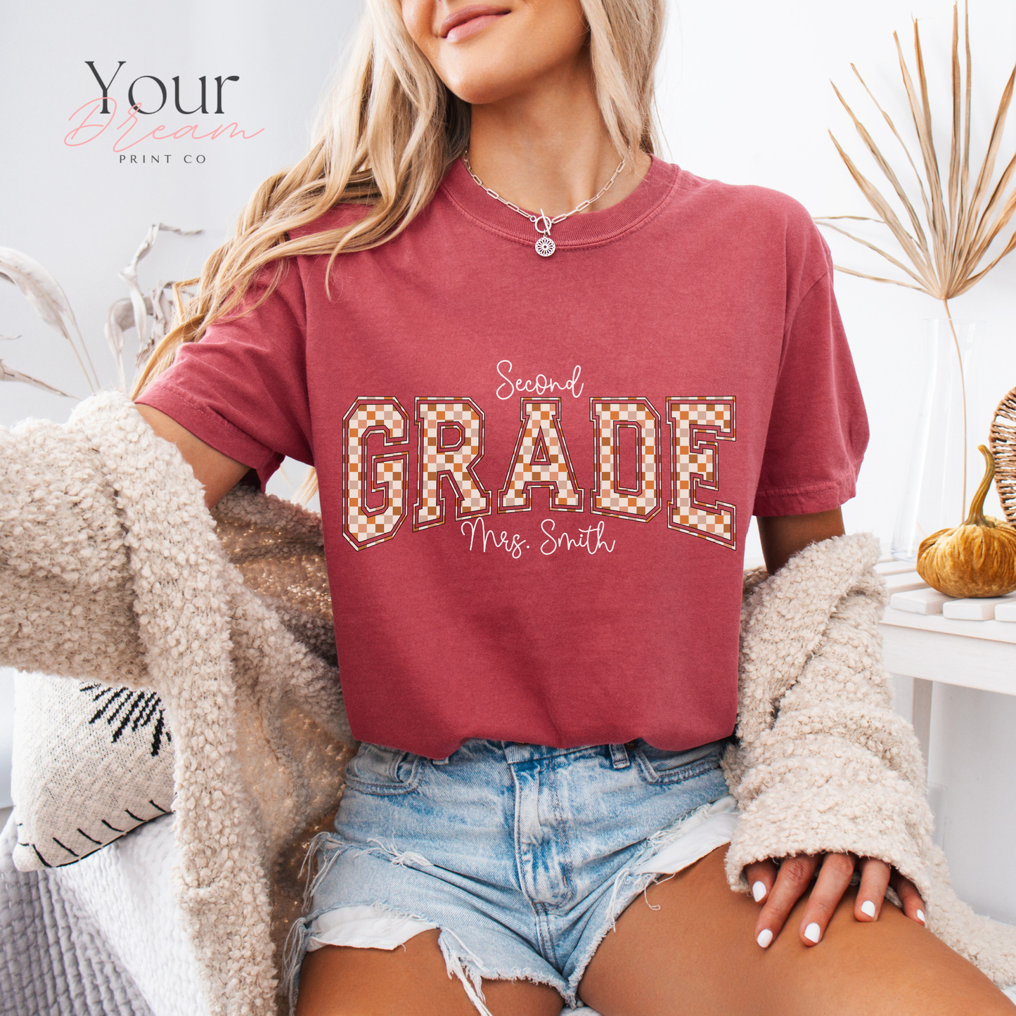 Custom Checkered Varsity Letter Tee – Second Grade Team Shirt