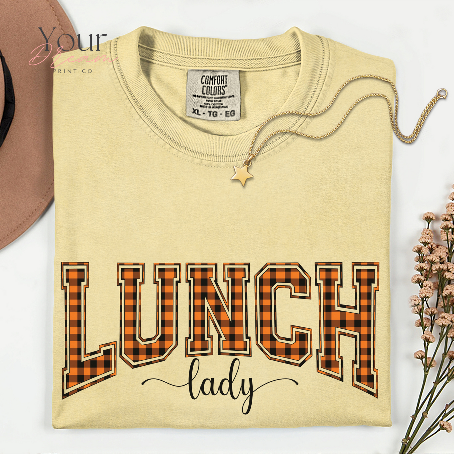 Lunch Lady Halloween T-Shirt – Varsity Checkered Letters in Spooky Colors