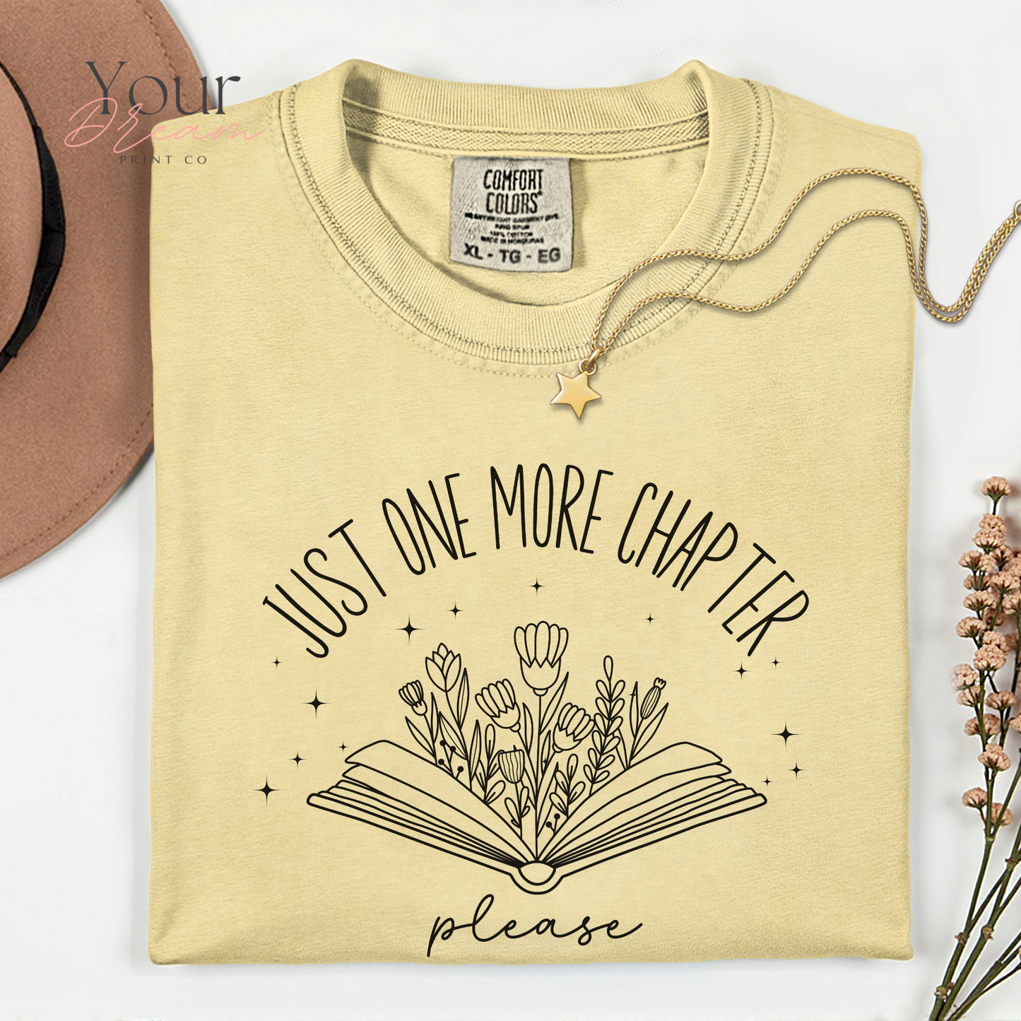 Book Lovers T-Shirt – Just One More Chapter Please with Minimalist Floral Book Design