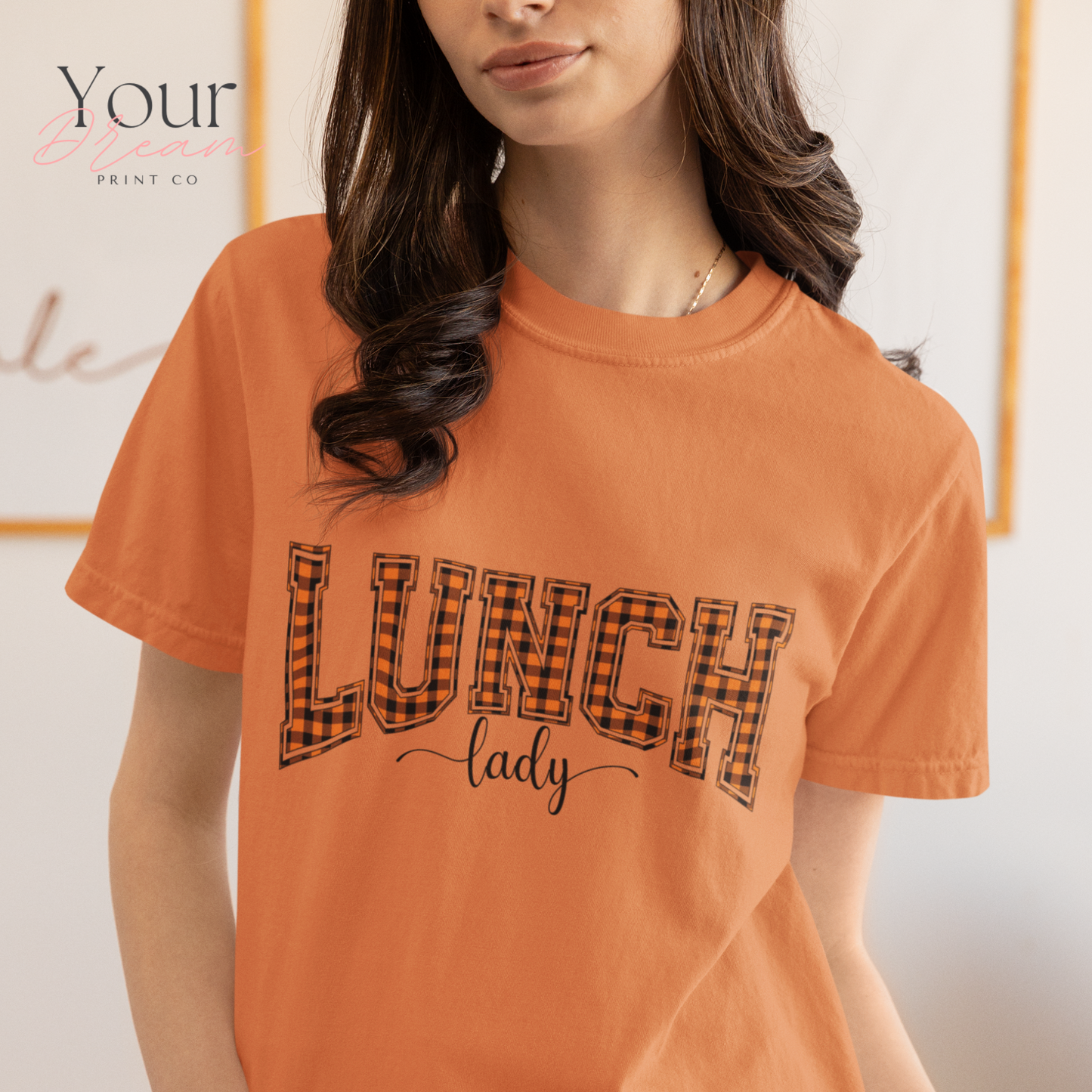 Lunch Lady Halloween T-Shirt – Varsity Checkered Letters in Spooky Colors