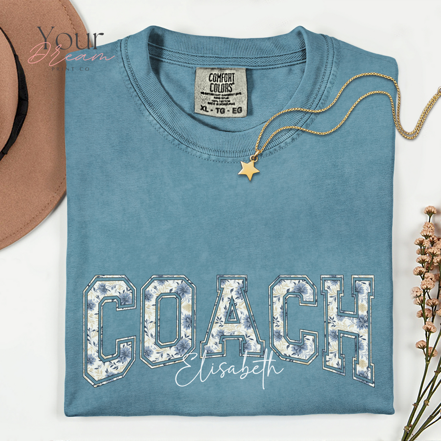Custom Winter Coach Motivational T-Shirt – Minimalist Blue Floral Design with Name
