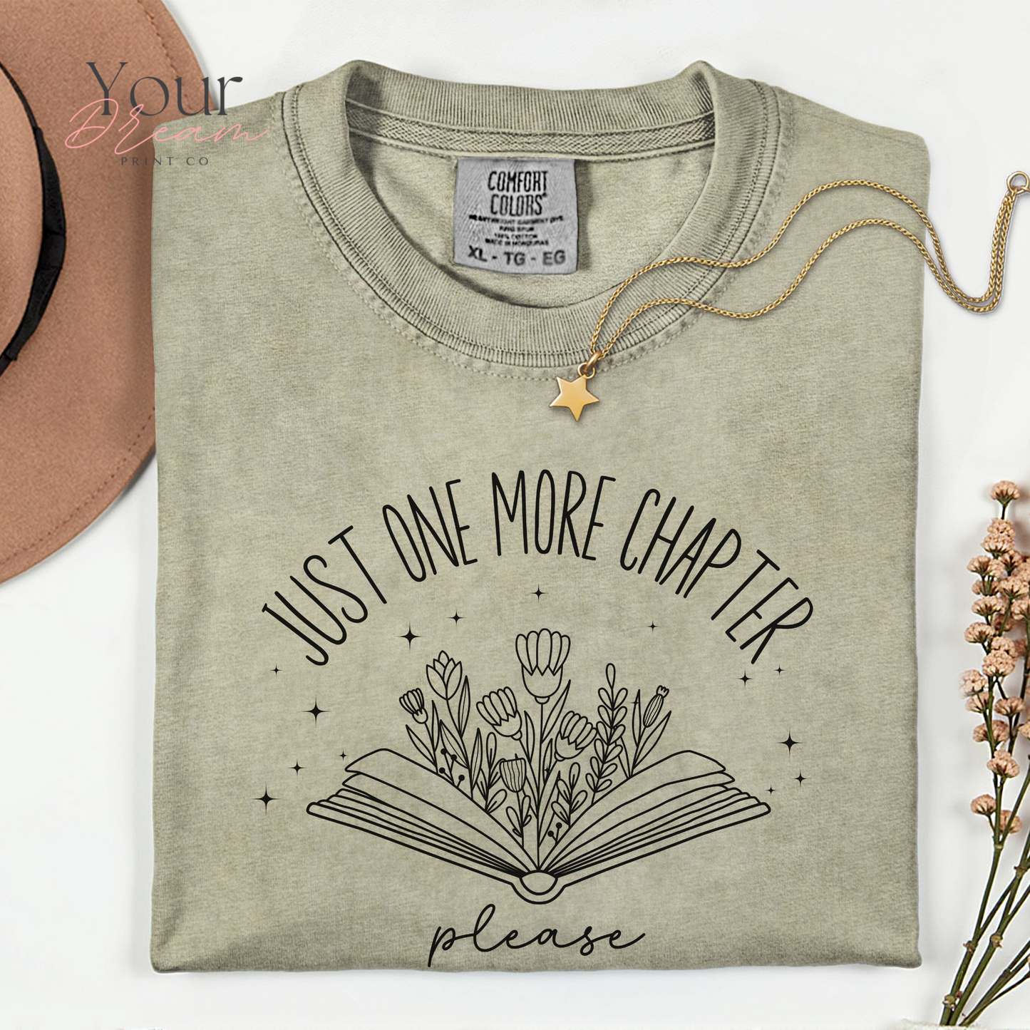 Book Lovers T-Shirt – Just One More Chapter Please with Minimalist Floral Book Design