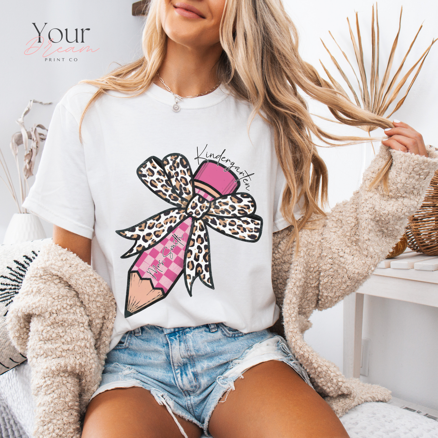 Kindergarten Teacher T-Shirt with Coquette Bow & Pencil Print –  Back to School Tee