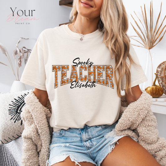 Custom Spooky Teacher T-Shirt | Varsity Letter Halloween Shirt