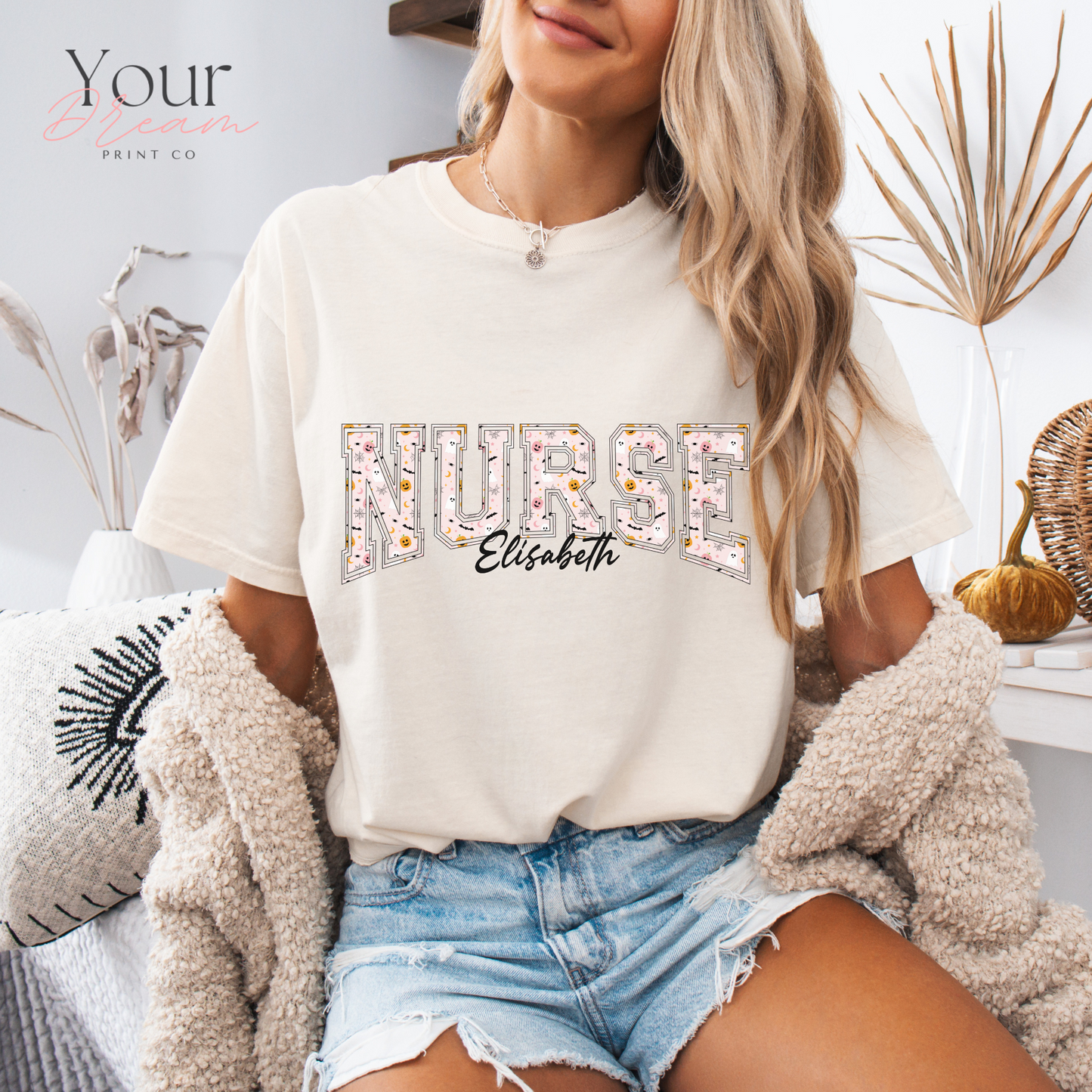 Custom Nurse Halloween T-Shirt – Varsity Lettering with Ghosts & Pumpkins Print