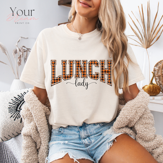 Lunch Lady Halloween T-Shirt – Varsity Checkered Letters in Spooky Colors
