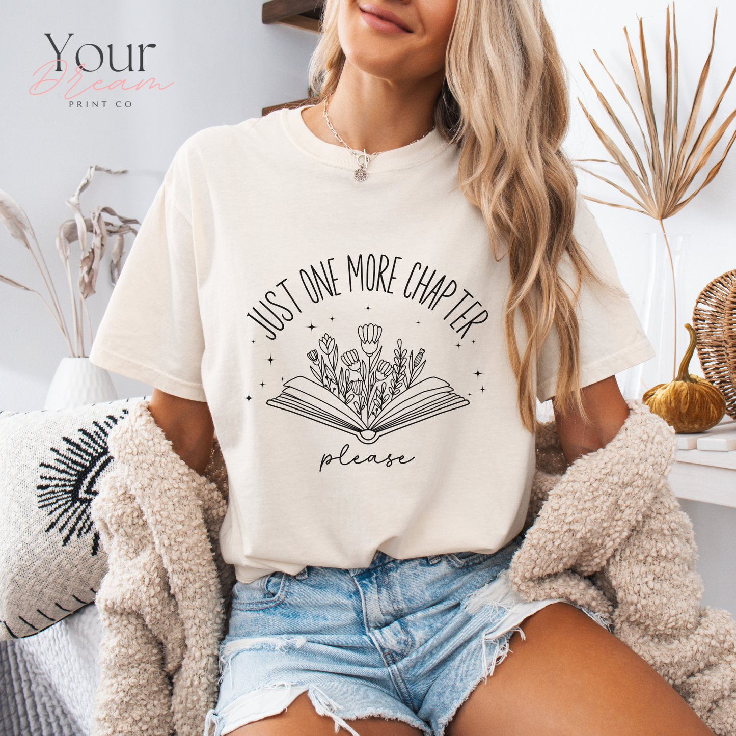 Book Lovers T-Shirt – Just One More Chapter Please with Minimalist Floral Book Design