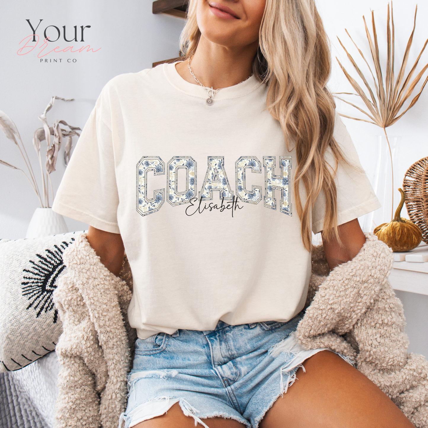 Custom Winter Coach Motivational T-Shirt – Minimalist Blue Floral Design with Name