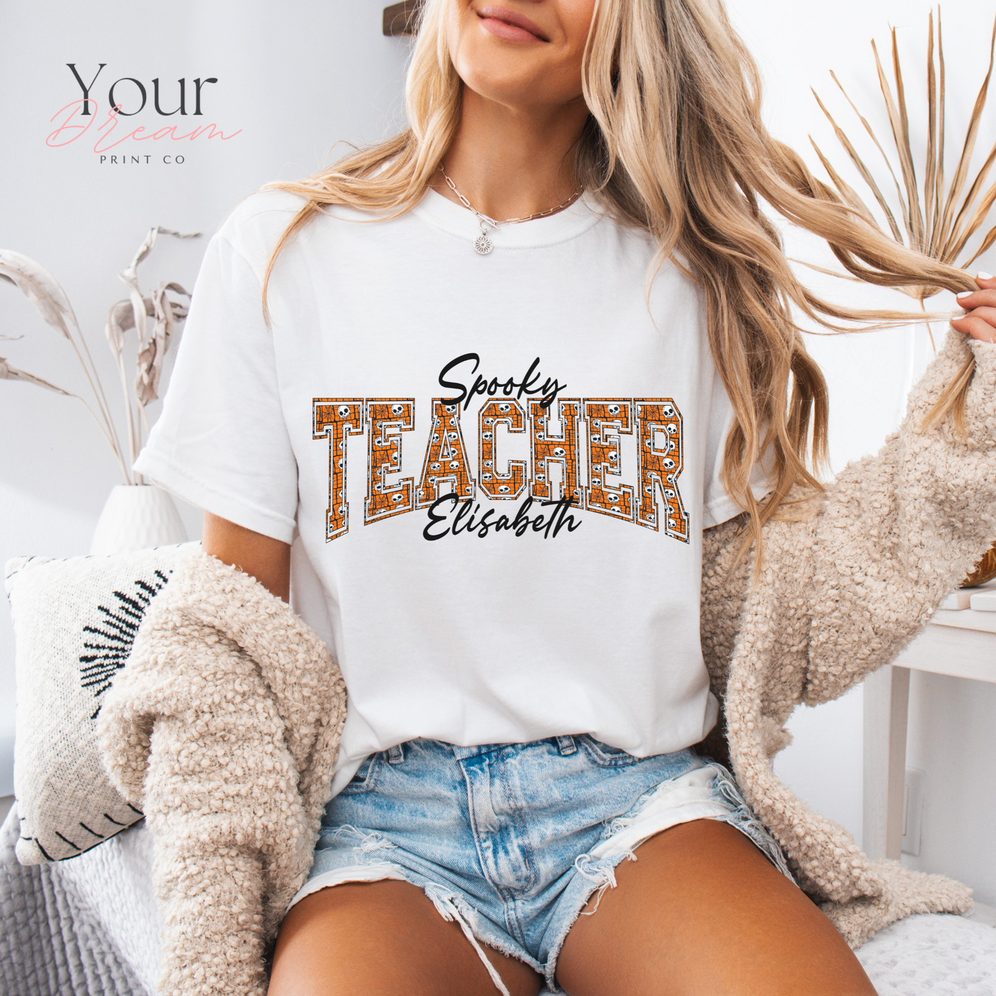 Custom Spooky Teacher T-Shirt | Varsity Letter Halloween Shirt