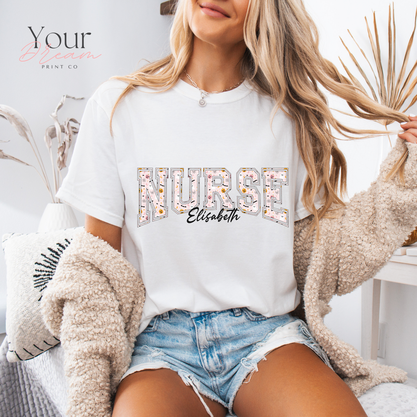 Custom Nurse Halloween T-Shirt – Varsity Lettering with Ghosts & Pumpkins Print