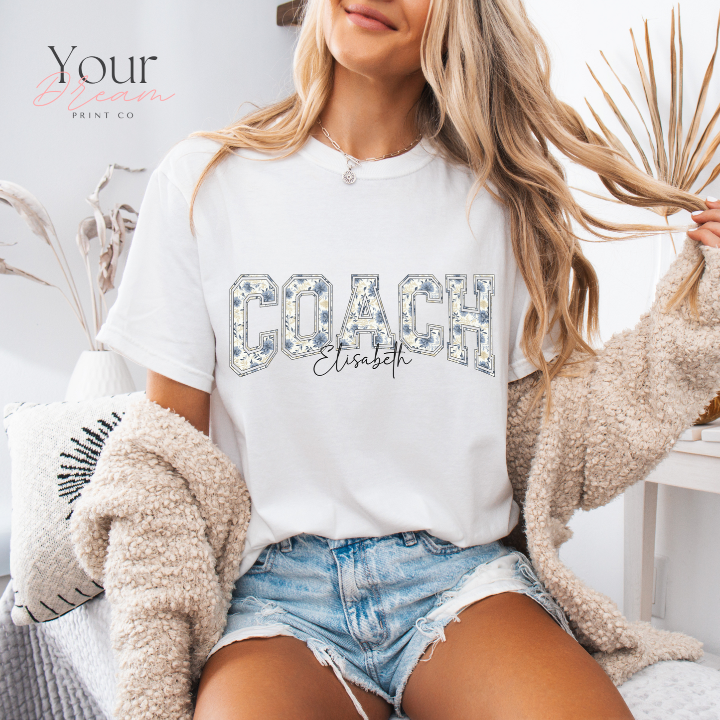 Custom Winter Coach Motivational T-Shirt – Minimalist Blue Floral Design with Name