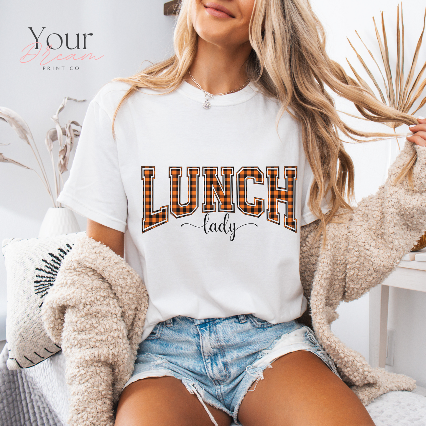 Lunch Lady Halloween T-Shirt – Varsity Checkered Letters in Spooky Colors