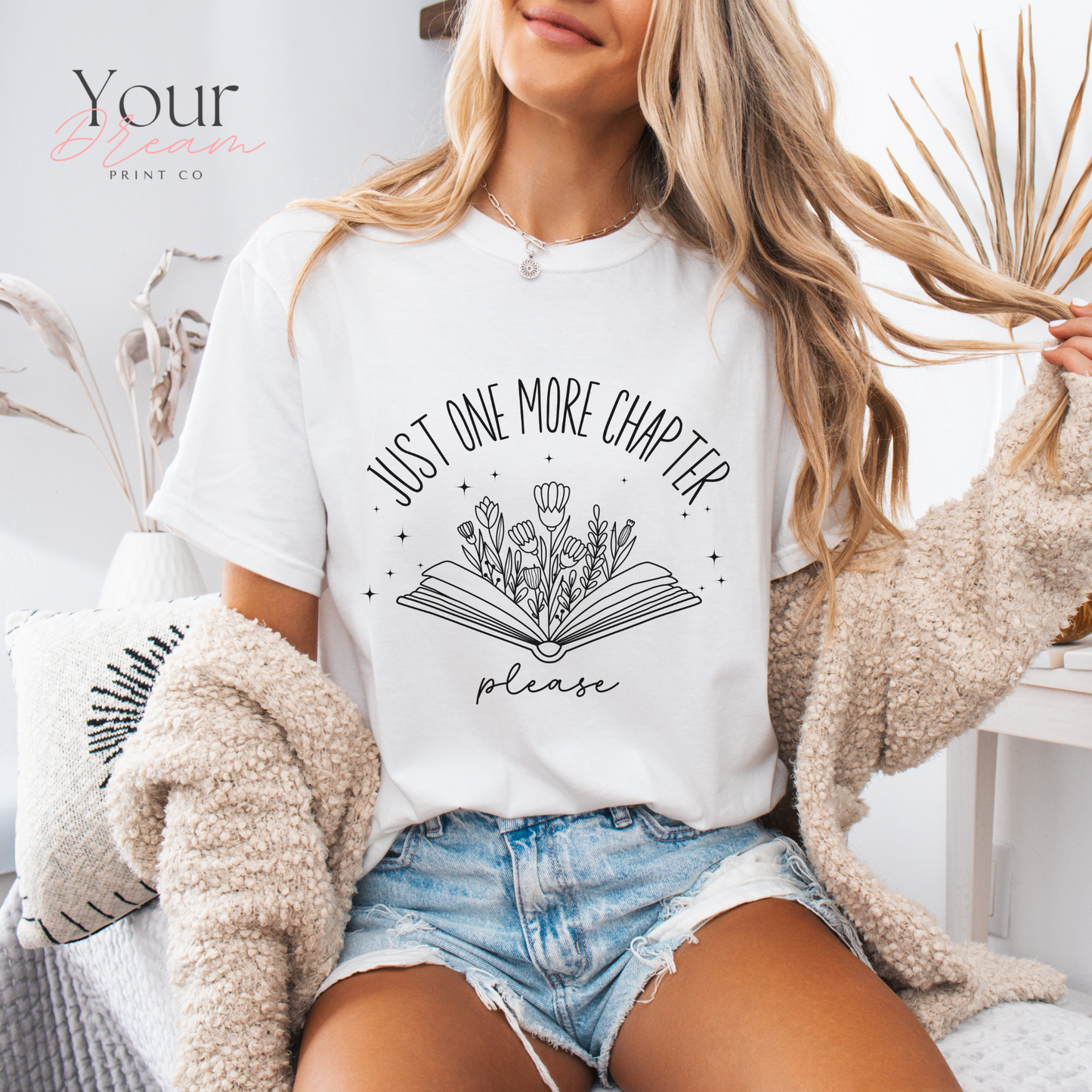 Book Lovers T-Shirt – Just One More Chapter Please with Minimalist Floral Book Design