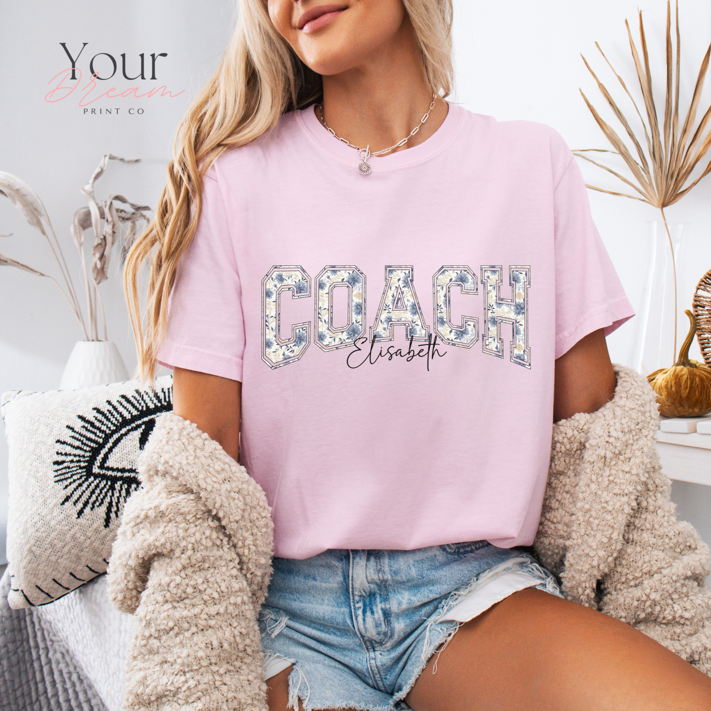 Custom Winter Coach Motivational T-Shirt – Minimalist Blue Floral Design with Name