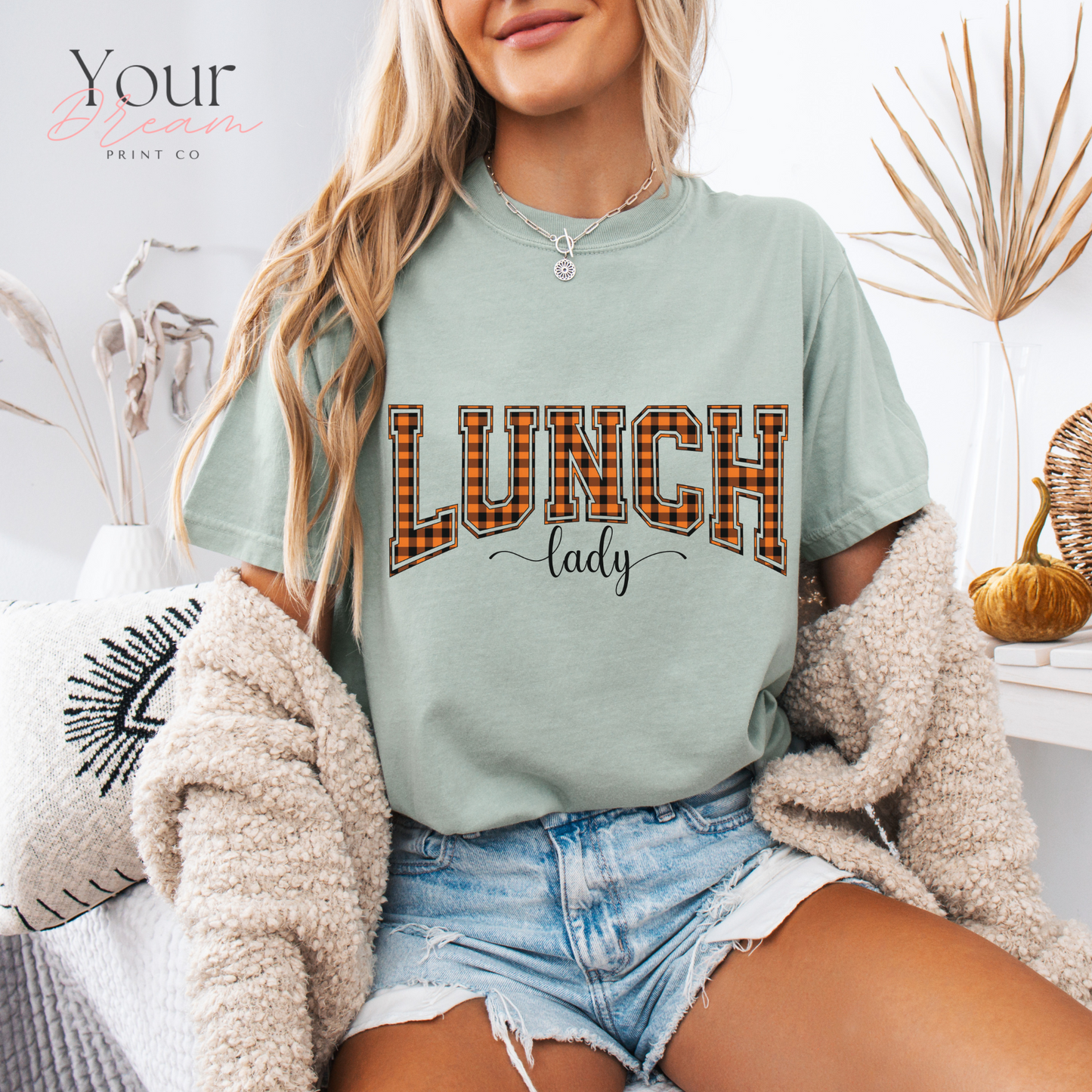 Lunch Lady Halloween T-Shirt – Varsity Checkered Letters in Spooky Colors