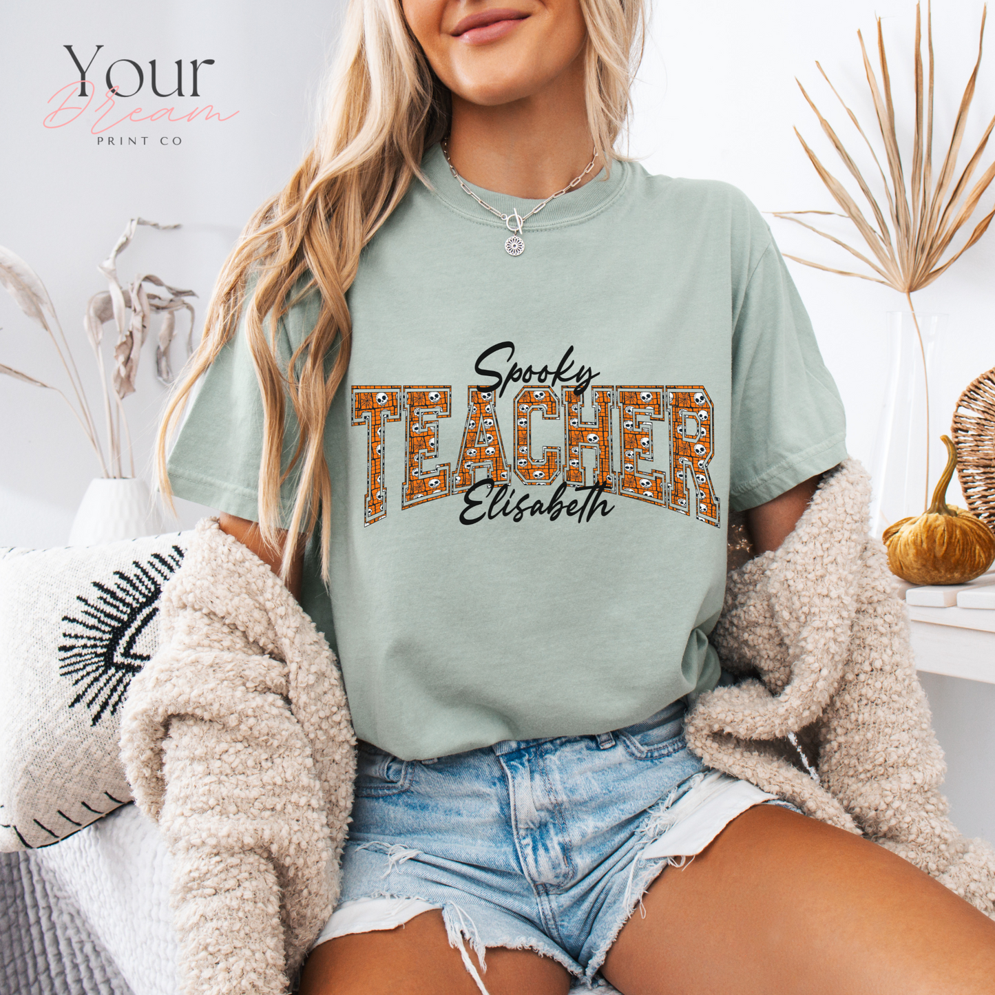 Custom Spooky Teacher T-Shirt | Varsity Letter Halloween Shirt
