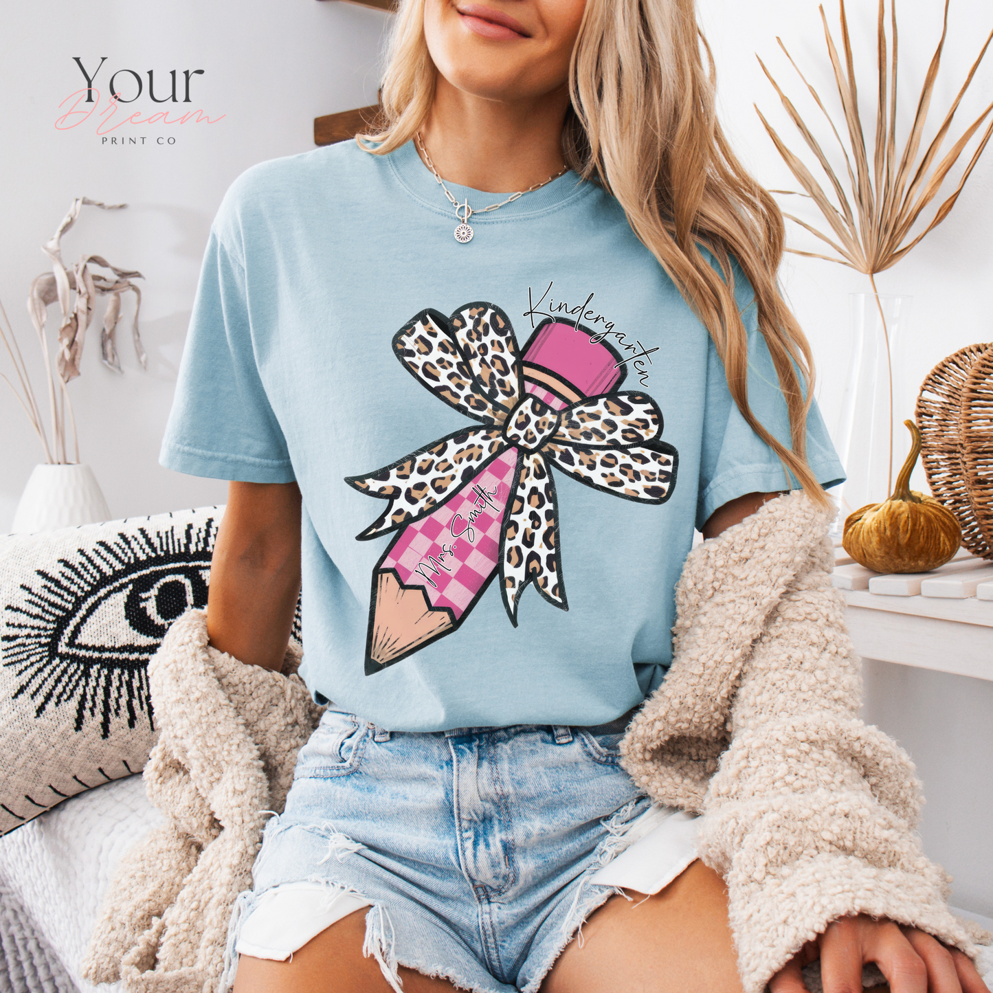 Kindergarten Teacher T-Shirt with Coquette Bow & Pencil Print –  Back to School Tee
