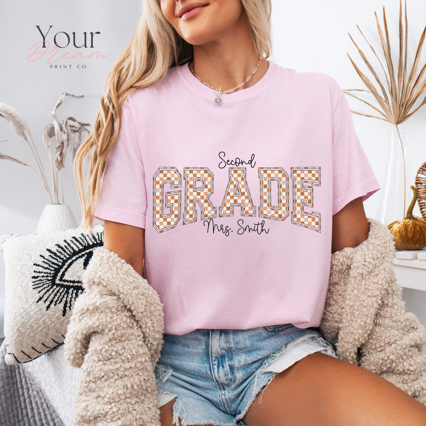 Custom Checkered Varsity Letter Tee – Second Grade Team Shirt