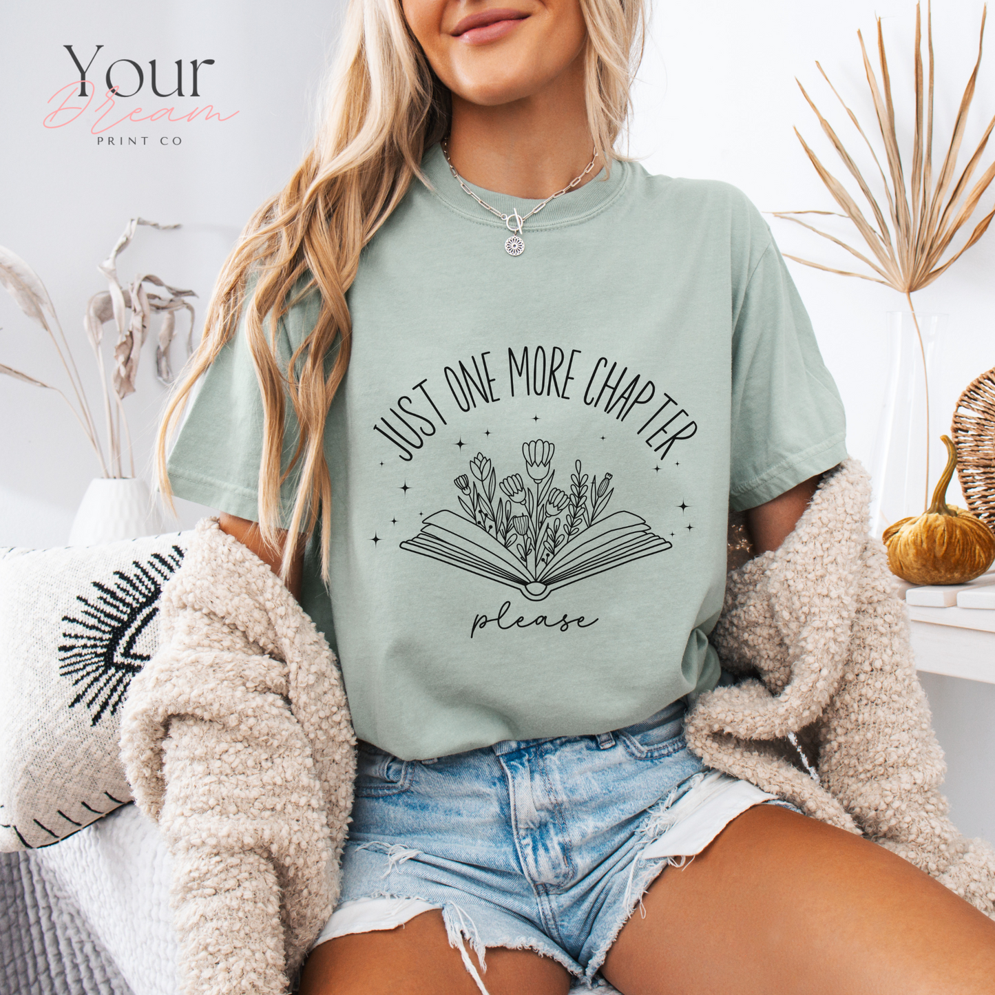 Book Lovers T-Shirt – Just One More Chapter Please with Minimalist Floral Book Design