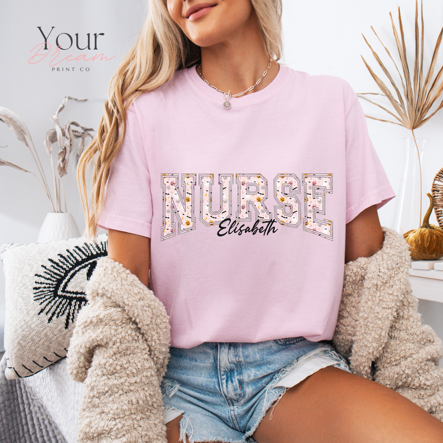 Custom Nurse Halloween T-Shirt – Varsity Lettering with Ghosts & Pumpkins Print