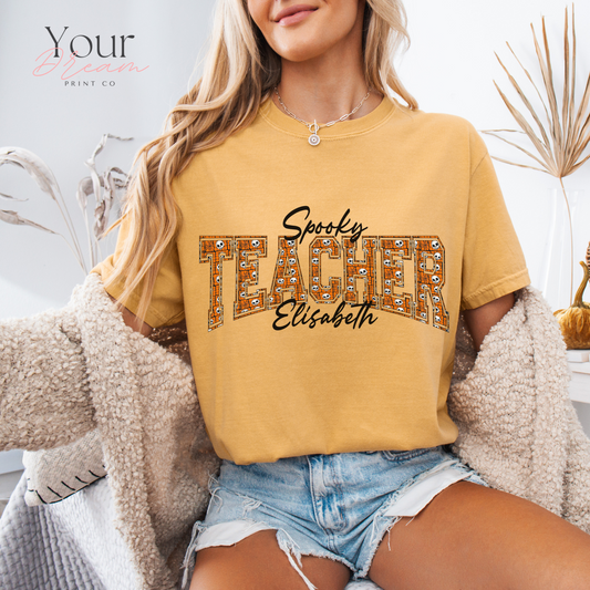Custom Spooky Teacher T-Shirt | Varsity Letter Halloween Shirt