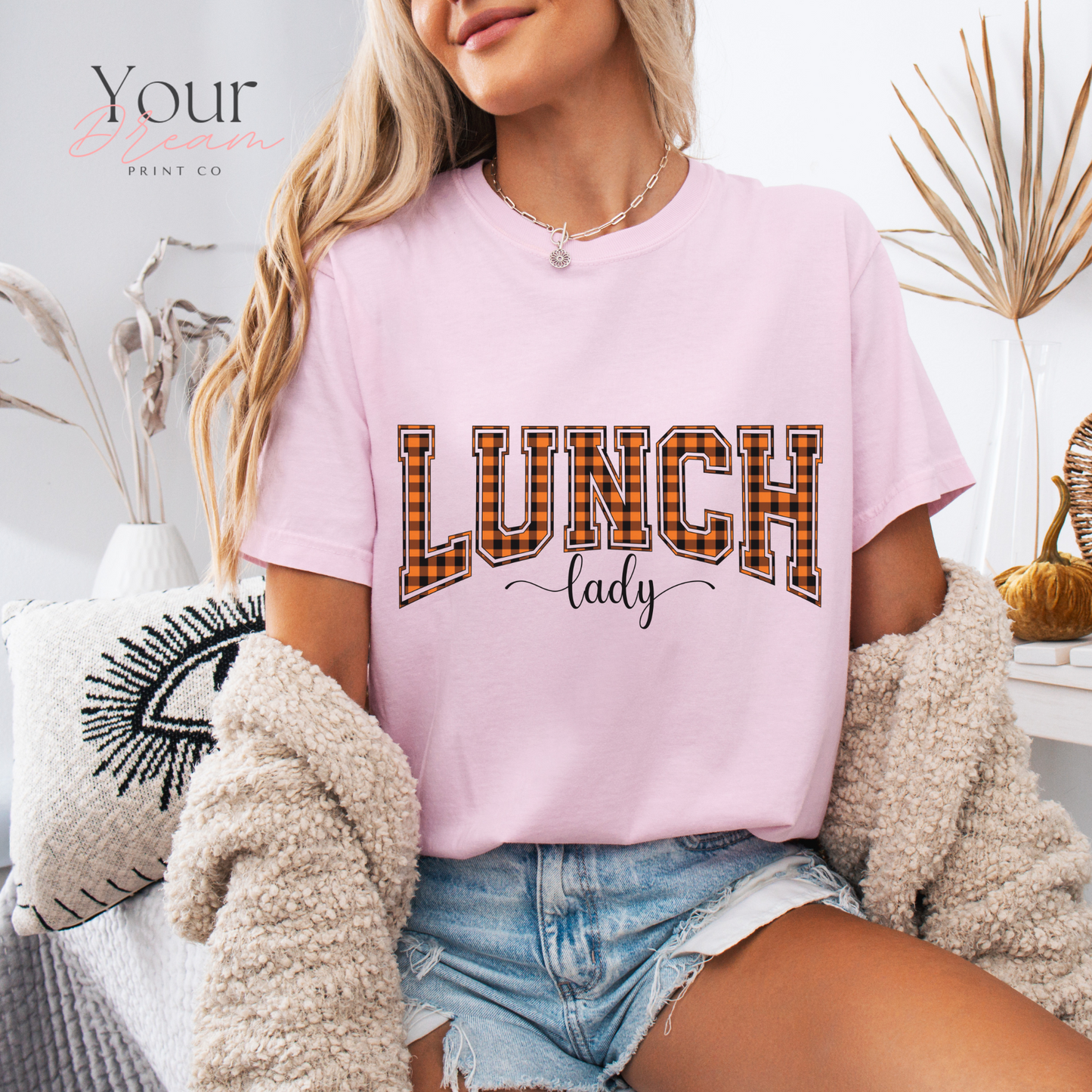 Lunch Lady Halloween T-Shirt – Varsity Checkered Letters in Spooky Colors