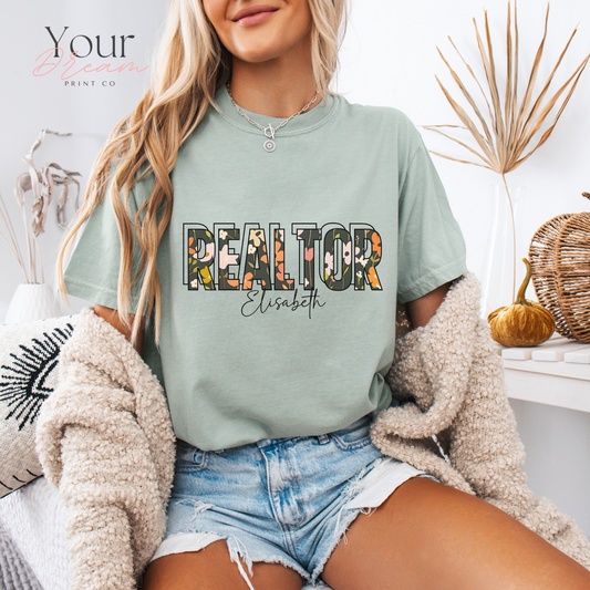 Personalized Realtor Autumn T-Shirt – Fall Leaves Design – Custom Real Estate Agent Tee