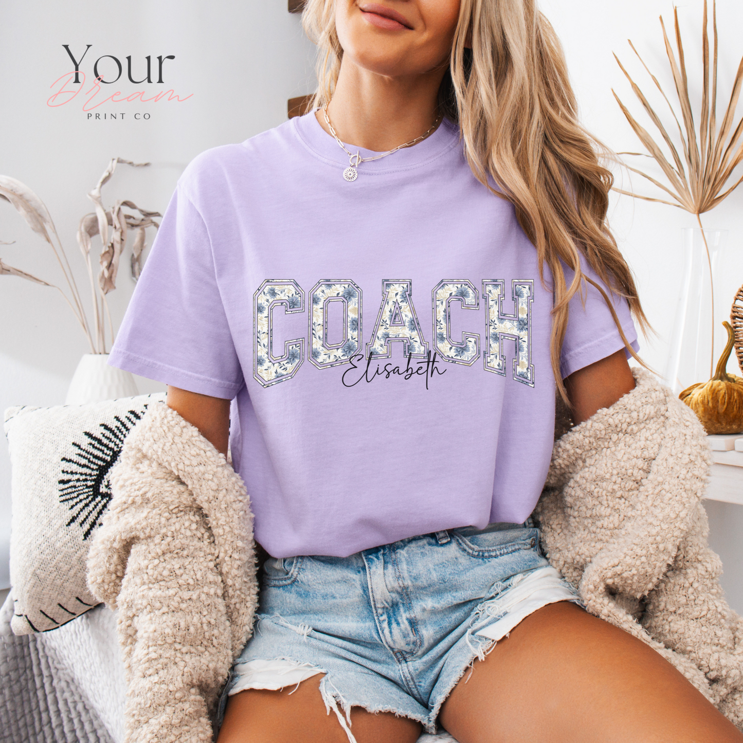 Custom Winter Coach Motivational T-Shirt – Minimalist Blue Floral Design with Name